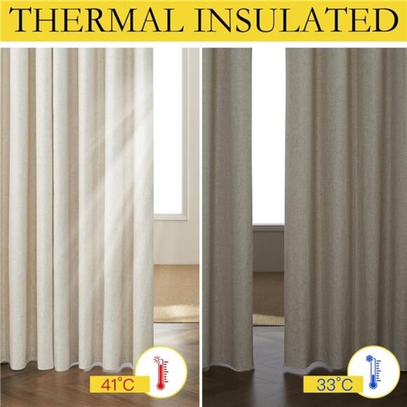 Natural Linen Curtains 45" Long with Noise Reducing for Small Window, 52" Wide - Picture 4 of 7